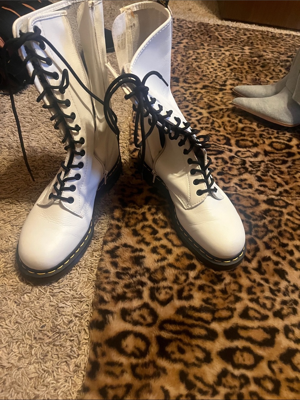 White Lace-Up Combat Boots with Black Laces